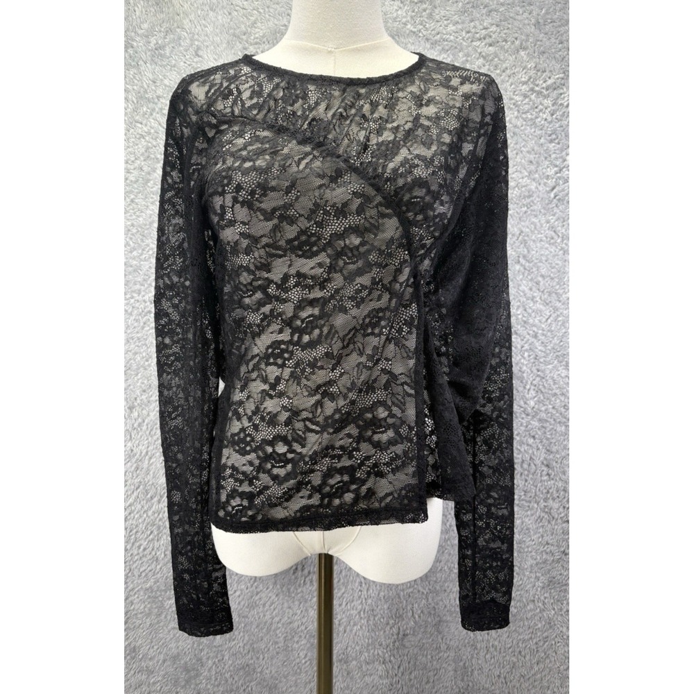 NEW AllSaints Womens US 10 Black Lace Sheer Long Sleeve Draped Top Whimsigoth